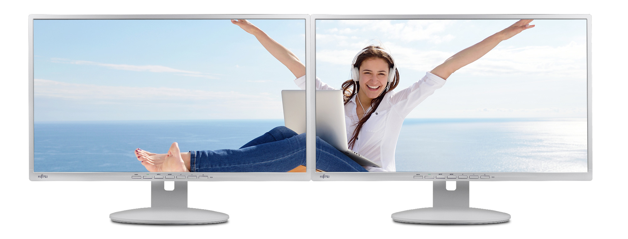 Zwei Fujitsu Display B27-8 TE Pro Monitore nebeneinander sind ein häufiger Anblick in vielen Firmen.